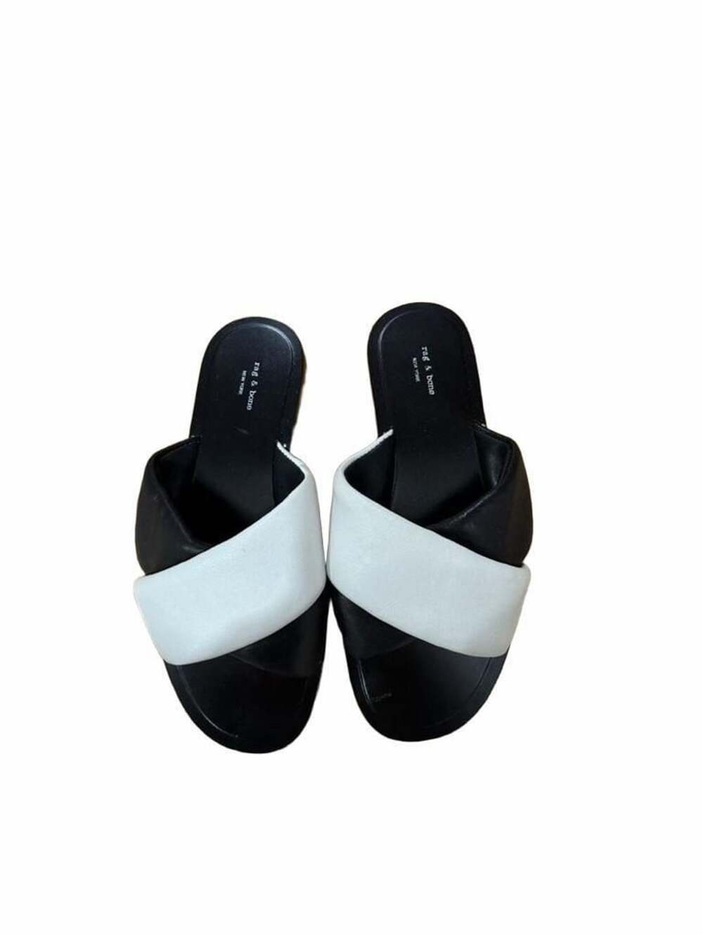 Rag & Bone Black and White Leather Puffed Cross Strap Slide Sandals